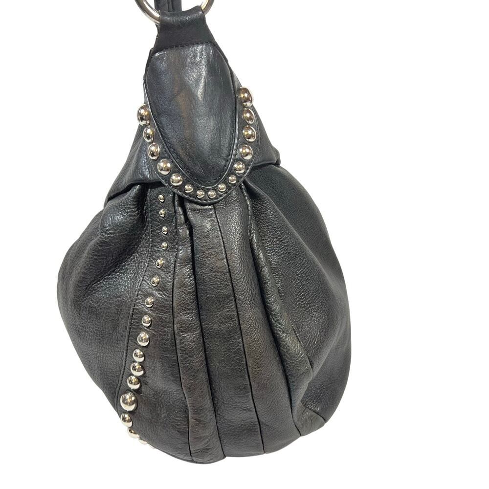 B. Makowsky Hobo Bag Purse Black Pebbled Leather Silver Studded Leopard Lining - Picture 3 of 11